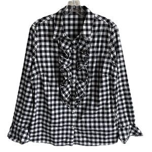 J. McLaughlin Gingham Plaid Button Up Ruffle Shirt L Preppy Dark Romantic Career